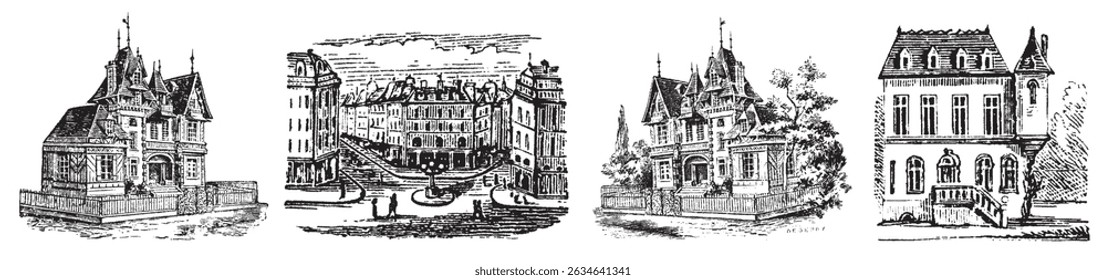 Vintage House. Engraving old style buildings. Hand drawn windmill. Cottage, townhouse, castle, residence in engraving style.