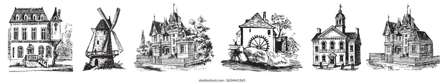 Vintage House. Engraving old style buildings. Hand drawn windmill. Hand drawn windmill. Cottage, townhouse, castle, residence in engraving style.