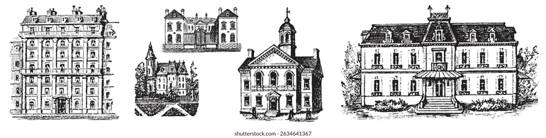 Vintage House. Engraving old style buildings. Hand drawn windmill. Cottage, townhouse, castle, residence in engraving style.