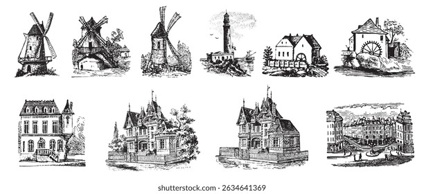 Vintage House. Engraving old style buildings. Hand drawn windmill. Hand drawn windmill. Cottage, townhouse, castle, residence in engraving style.