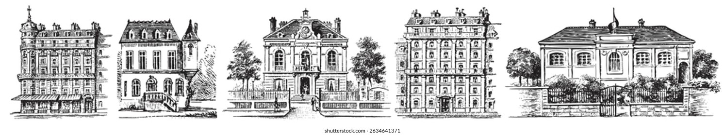 Vintage House. Engraving old style buildings. Hand drawn windmill. Cottage, townhouse, castle, residence in engraving style.