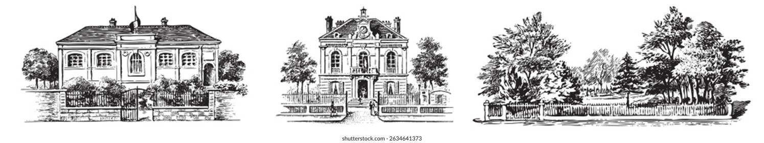 Vintage House. Engraving old style buildings. Hand drawn windmill. Cottage, townhouse, castle, residence in engraving style.