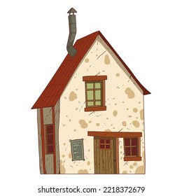 A Vintage House, isolated vector illustration. Cartoon picture of a countryside building with shabby walls. Drawn house. Village building with a weathered facade on white background. Home. Property