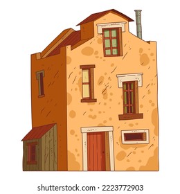 A Vintage House, isolated vector illustration. Cartoon picture of a countryside building with shabby walls. Drawn house. Village building with a weathered facade on white background. Home. Property