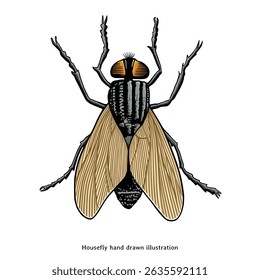 Vintage Housefly Hand Drawn Engraving Illustration