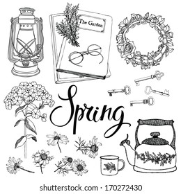 Vintage household objects and flowers, spring theme. Hand drawing and calligraphy