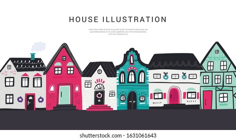 Vintage houses facades flat vector banner template