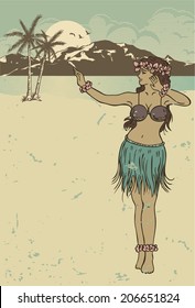 Vintage Hula Girl Dancing On The Beach