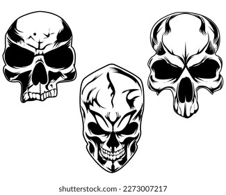 Vintage human skull, angry human skull collection in different position isolated vector for logo and t-shirt