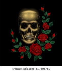 Vintage human skull bone flower red rose arrangement. Embroidery fashion decoration patch. Low poly polygonal triangle dead muertos vector illustration template