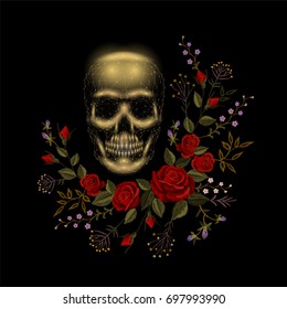 Vintage human skull bone flower red rose arrangement. Embroidery fashion decoration patch. Low poly polygonal triangle dead muertos vector illustration template