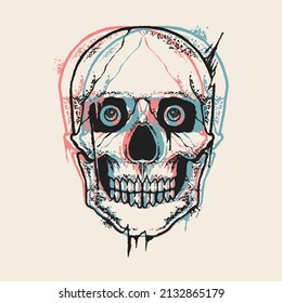 vintage human skull with glitch