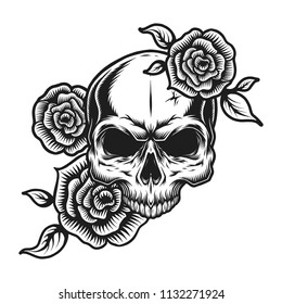 Vintage Human Skull Tattoo Concept With Rose Flowers Isolated Vector Illustration