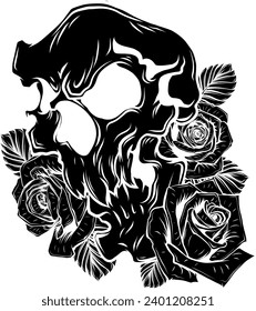 Vintage human skull tattoo concept with rose flowers isolated vector illustration