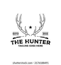 Vintage Hunter With Long Gun And Deer Antlers Logo Design