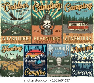 Vintage hunting and camping colorful posters with flying eagle deer skull antlers crossed guns motorhome lantern tent forest and mountains landscape vector illustration