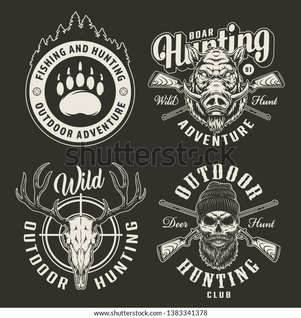 Vintage Hunting Club Monochrome Emblems Bear Stock Vector (Royalty Free ...