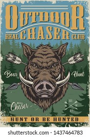 Vintage hunting colorful poster with boar head and crossed arrows on forest landscape vector illustration