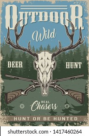 Vintage Hunting Colorful Poster With Deer Skull And Crossed Guns On Forest Landscape Vector Illustration