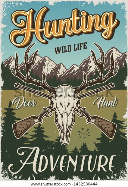 Vintage Hunting Colorful Poster Deer Skull Stock Vector (Royalty Free ...