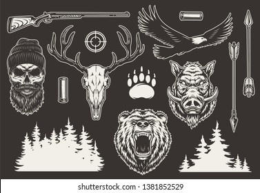 Vintage hunting elements collection with bear and boar heads shotgun shell arrows eagle animal footprint gun sight trees silhouette hunter and deer skulls isolated vector illustration