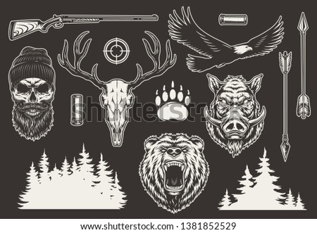 Vintage hunting elements collection with bear and boar heads shotgun shell arrows eagle animal footprint gun sight trees silhouette hunter and deer skulls isolated vector illustration