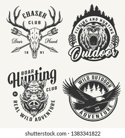 Vintage hunting emblems set with deer skull bear and boar heads flying eagle crossed arrows isolated vector illustration