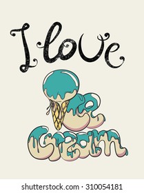 Vintage ice cream cone with topping, stylized text "i love ice-cream"