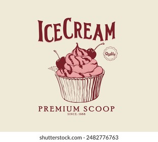 vintage ice cream hand drawn vector art, ice cream scoop with cherry vector illustration, summer vintage graphic t shirt design, old ice cream shop vector design