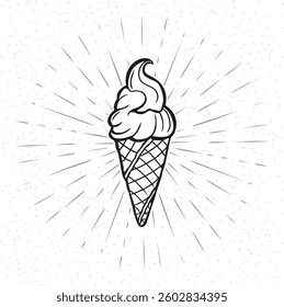 Vintage Ice Cream Illustration with sunburst. Template for cafe,restaurant or art works.