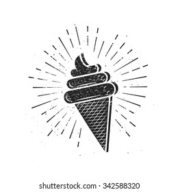 Vintage Ice Cream Illustration with sunburst. Template for cafe,restaurant or art works.