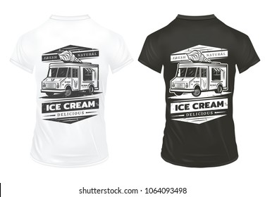 Vintage ice cream logo template with inscriptions delivery truck printing on black and white shirts isolated vector illustration