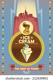 Vintage ice cream poster design in color. Vector illustration.