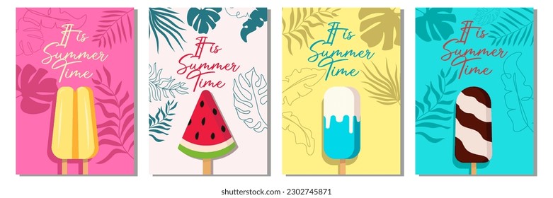 Vintage Ice Cream poster design. Hello summer. Summer party. Vector Summer background. Leaf and palm set