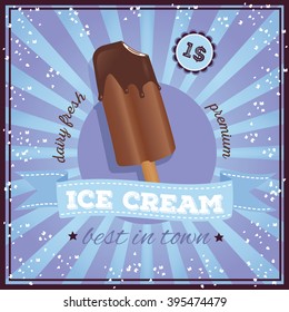 Vintage Ice Cream poster design. Popsicle on a lilac background. Popsicle colorful poster. Chocolate ice cream. 