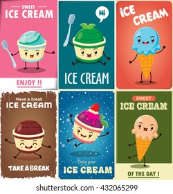 Vintage Ice Cream Plakatset mit Eis Charakter.