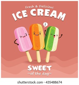 Vintage Ice cream poster design with ice cream character.