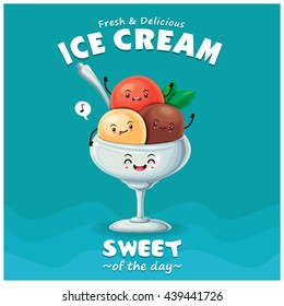 Vintage ice cream poster design with vector ice cream character.