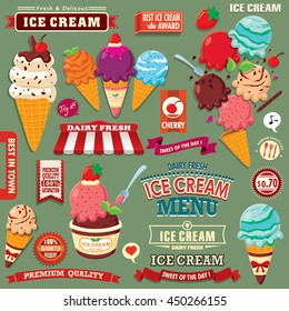 Vintage Ice Cream poster design set with ice cream character.