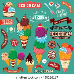 Vintage Ice Cream poster design set with ice cream character.