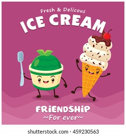 Vintage ice cream poster design with vector ice cream character.