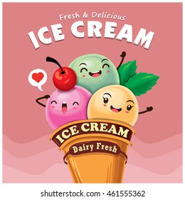 Vintage Ice cream poster design with ice cream character.