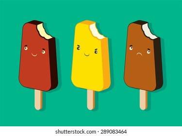 Vintage ice cream poster. Set of flat ice cream cartoon characters. Retro vector illustration.