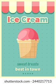 Vintage Ice Cream Poster. Sweet ice cream shops flyers, banners on retro background. For kids menu, cafe, posters, cards, cafeteria advertisement