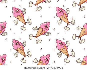 Vintage ice cream in Retro style seamless pattern. Groovy vintage character summer sweetness for packaging, paper, background