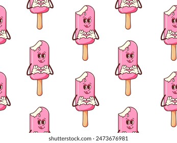 Vintage ice cream in Retro style seamless pattern. Groovy vintage character summer sweetness for packaging, paper, background