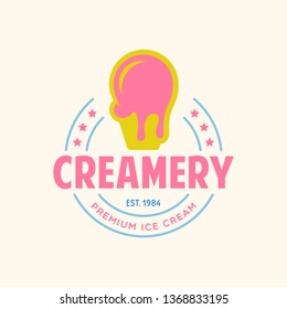 Vintage ice cream shop logo badge and label, gelateria sign. Retro logotype for cafeteria or bar. Isolated vector illustration.