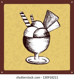 Vintage ice cream sign. Hand drawn vector illustration. Fully editable.