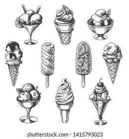 Vintage ice cream. Sketch icecream objects, hand drawn ice creams pie and stick, vanilla cone and sundae bowl desserts, vector illustration