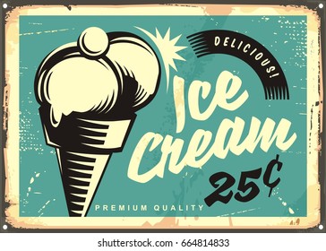 Vintage Ice Cream Vector Illustration. Retro Advertisement With Two Scoops Of Ice Cream In A Cone And Cherry On The Top.